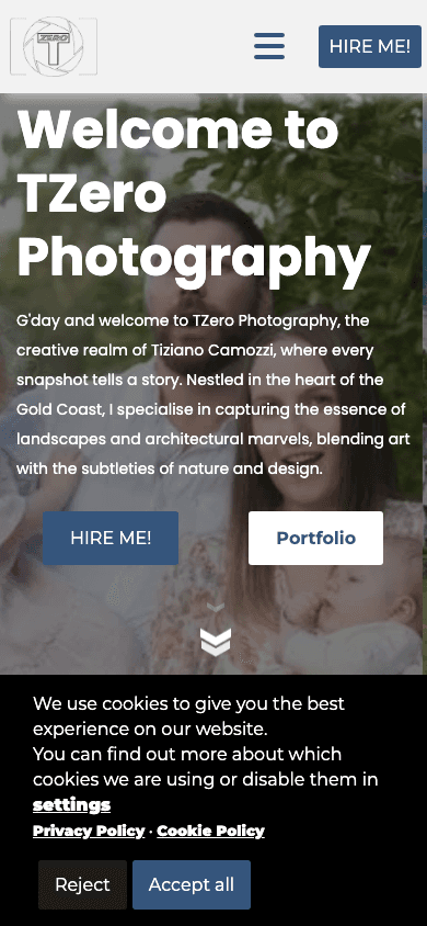TZero Photography - homepage mobile responsive