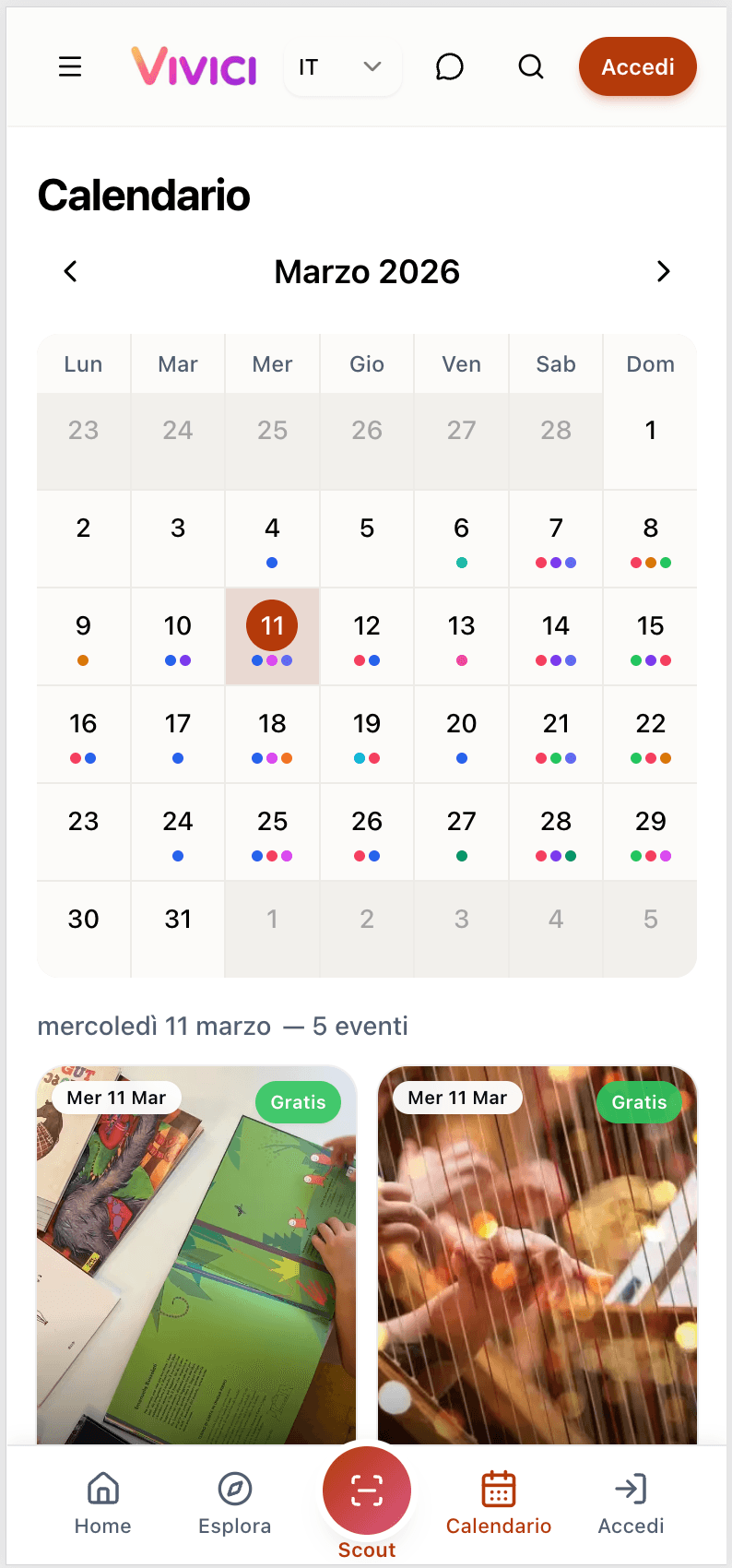 Calendario eventi mensile con indicatori colorati