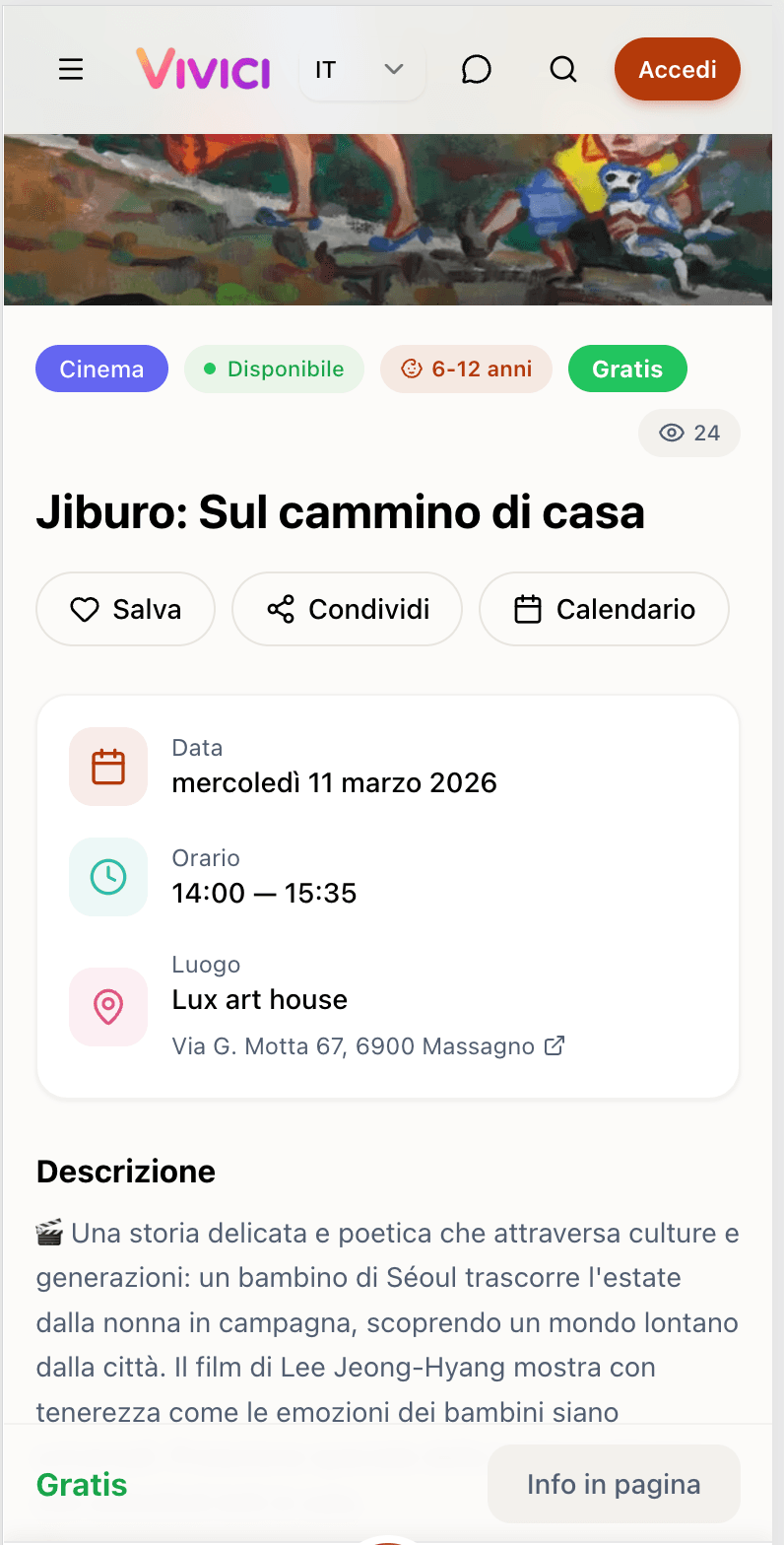 Dettaglio evento cinema bambini con orari e descrizione