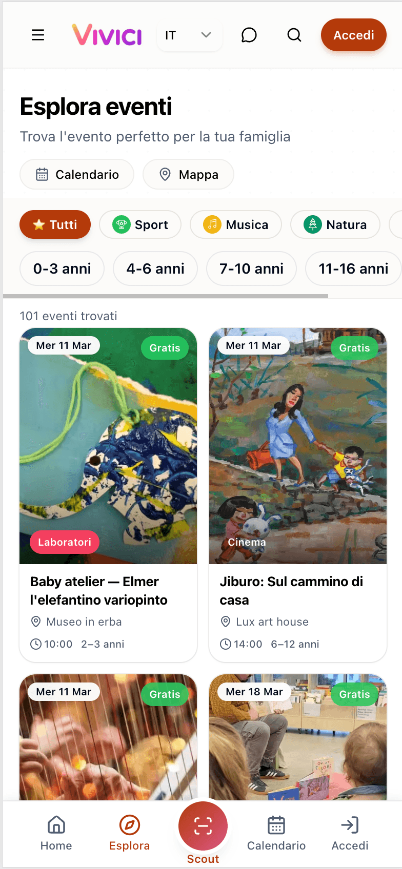 Esplora eventi con filtri per categoria ed età