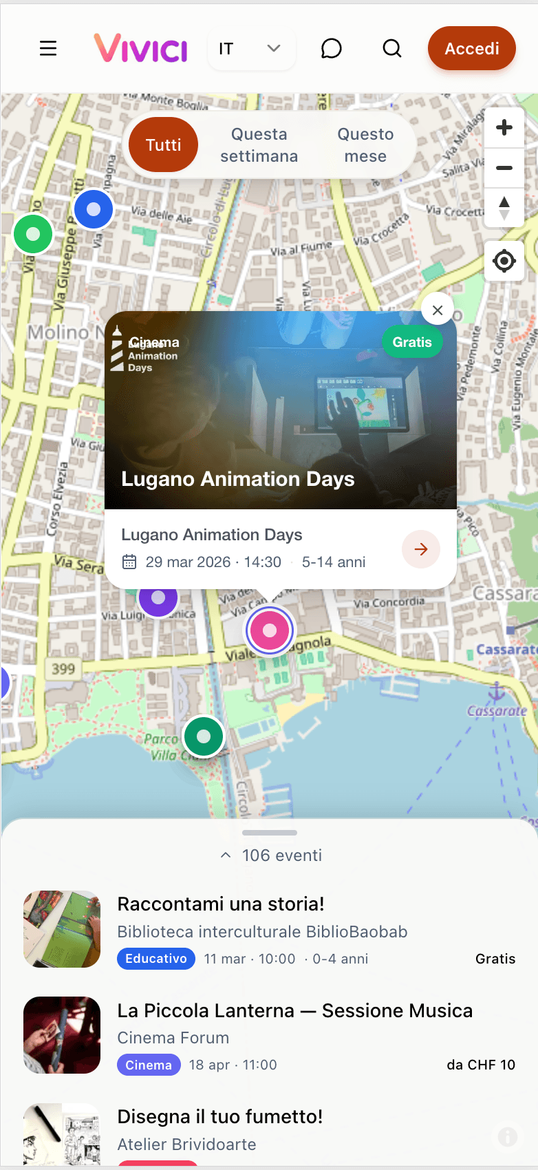 Mappa interattiva eventi bambini Lugano e Ticino
